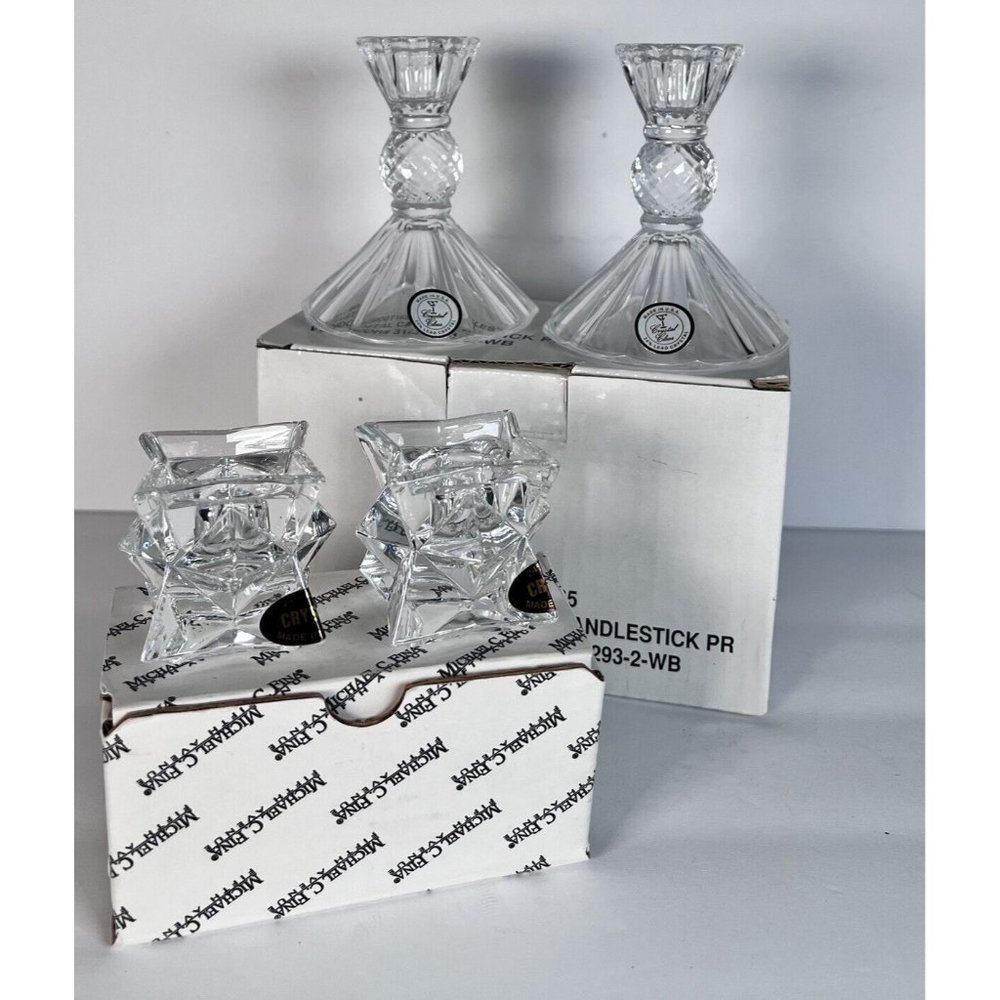 Crystal Glass Candlestick Holders NEW by Michael C Fina Vintage 2 Sets - Picture 2 of 9